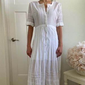 LoveShackFancy Edie Lace Short Sleeve Midi Shirt Dress, Size Med, White